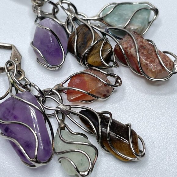 Artisan Wire Wrap Multi Gemstone Dangle Lever Back Earrings Silver Tone Boho - Picture 5 of 6